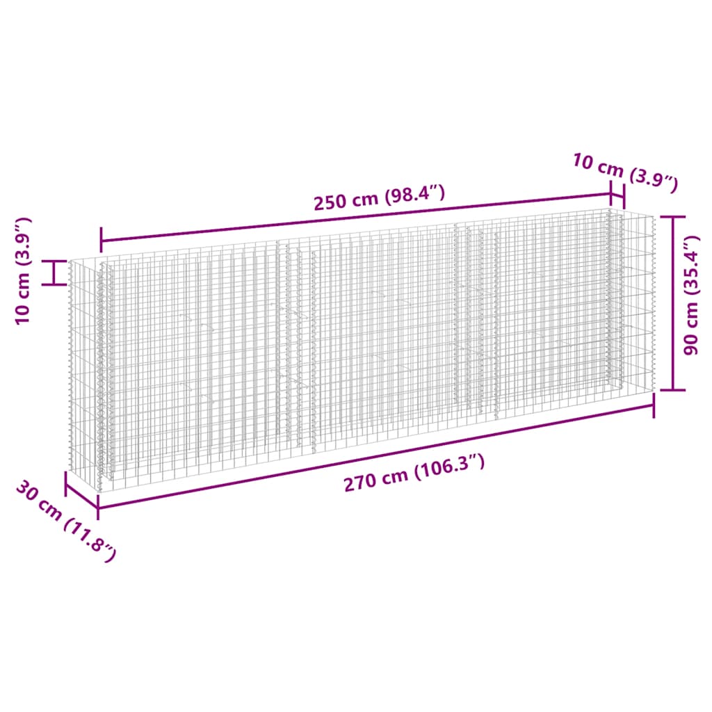 Gabbione Letto Rialzato in Acciaio Zincato 270x30x90 cm | homemem39