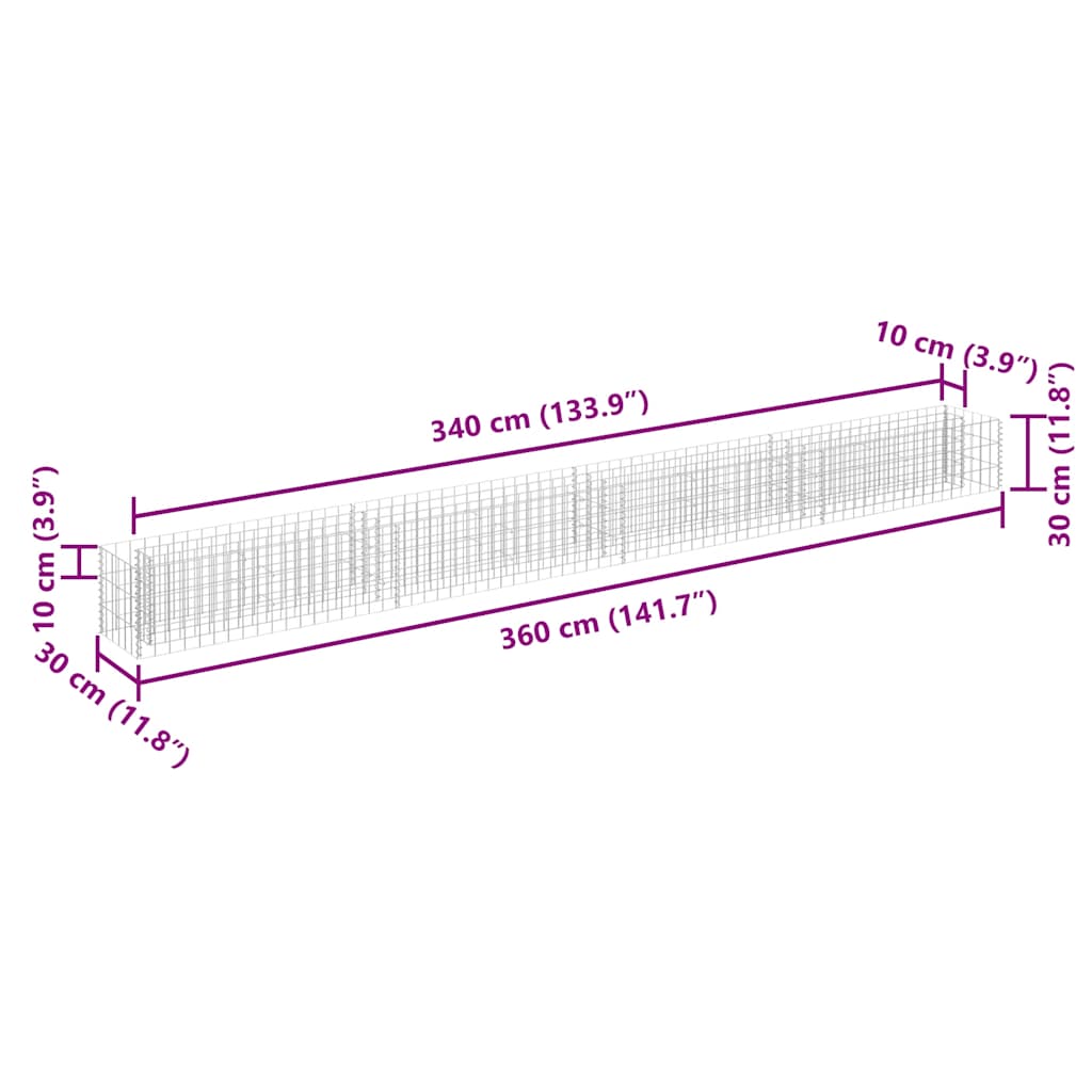 Gabbione Letto Rialzato in Acciaio Zincato 360x30x30 cm - homemem39