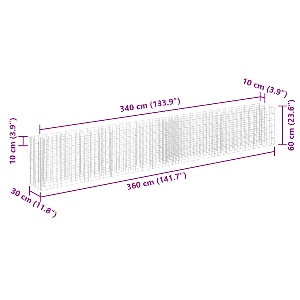Gabbione Letto Rialzato in Acciaio Zincato 360x30x60 cm - homemem39