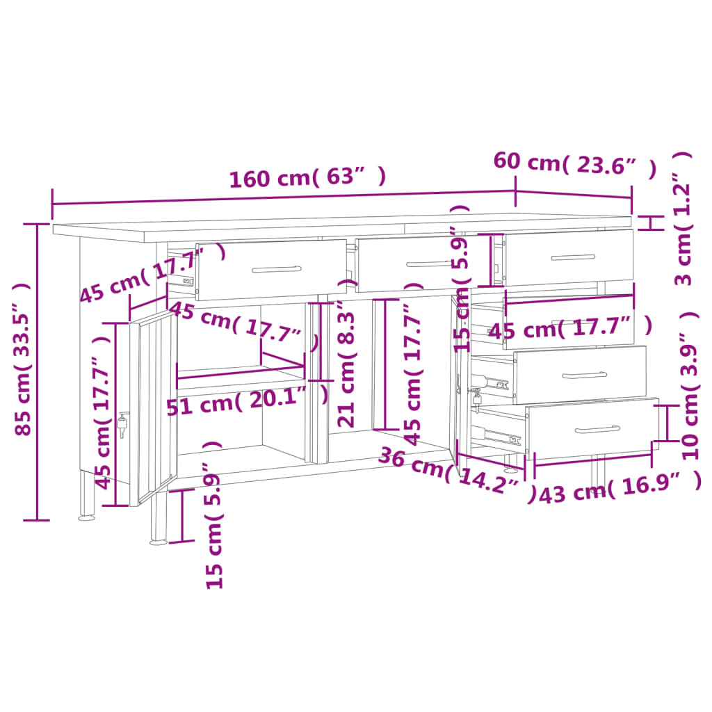 Banco da Lavoro Nero 160x60x85 cm in Acciaio - homemem39