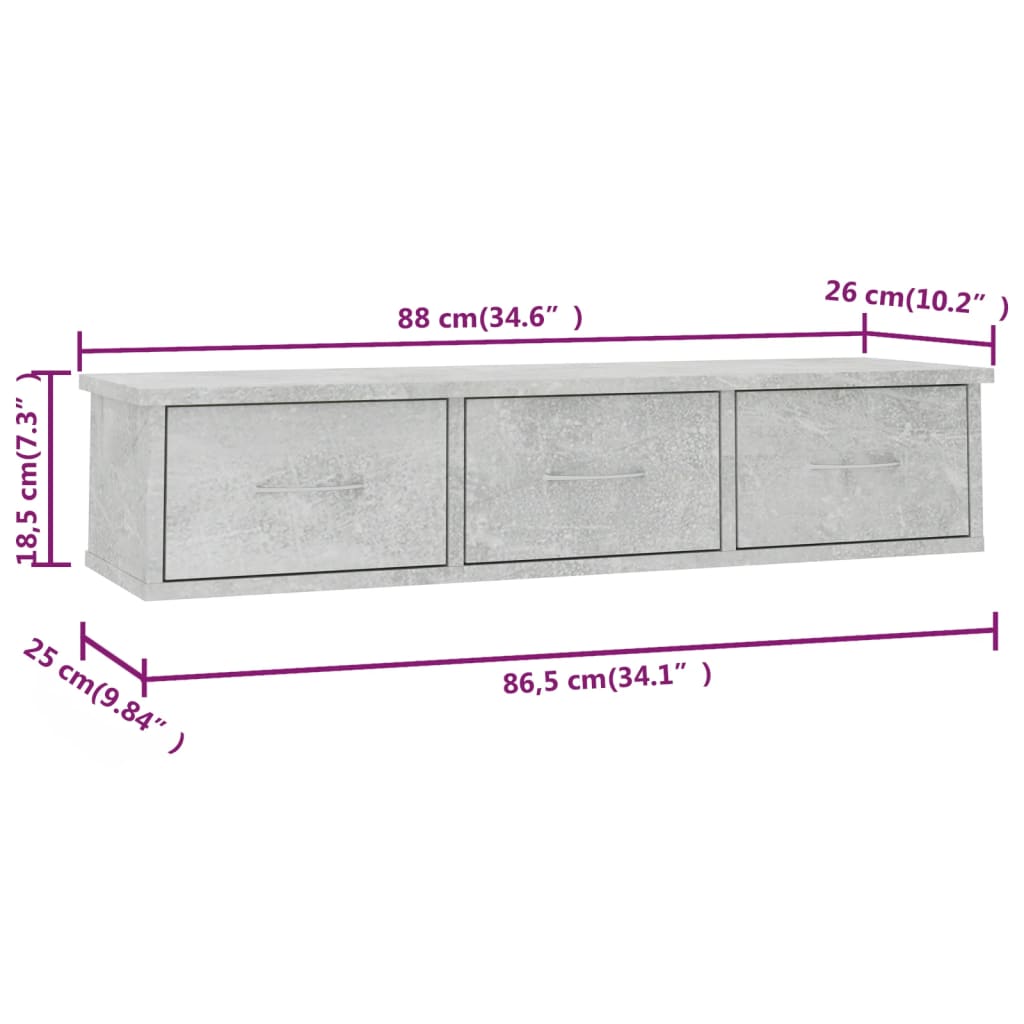 Scaffale Cassetti Parete Grigio Cemento 88x26x18,5 Multistrato | homemem39