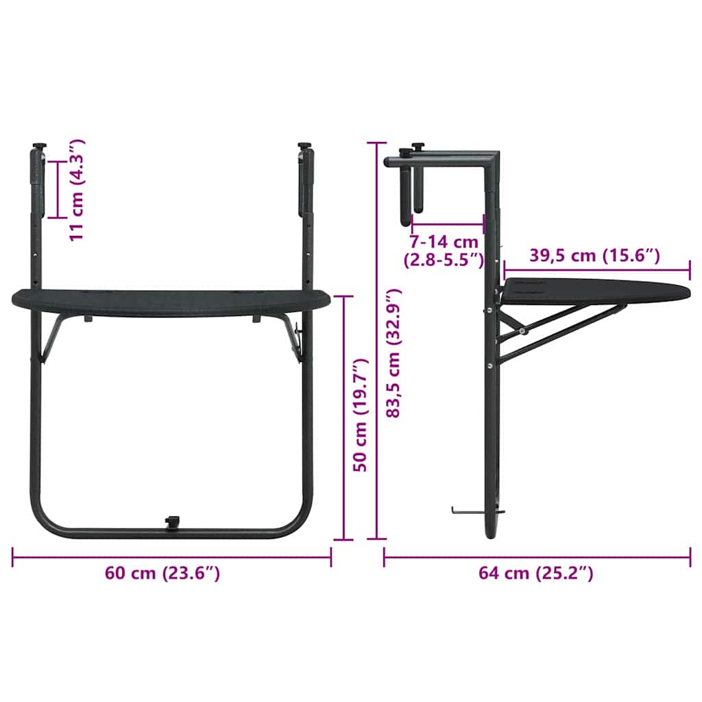 Tavolo da Balcone Pensile Nero 60x64x83,5cm Plastica Rattan | homemem39