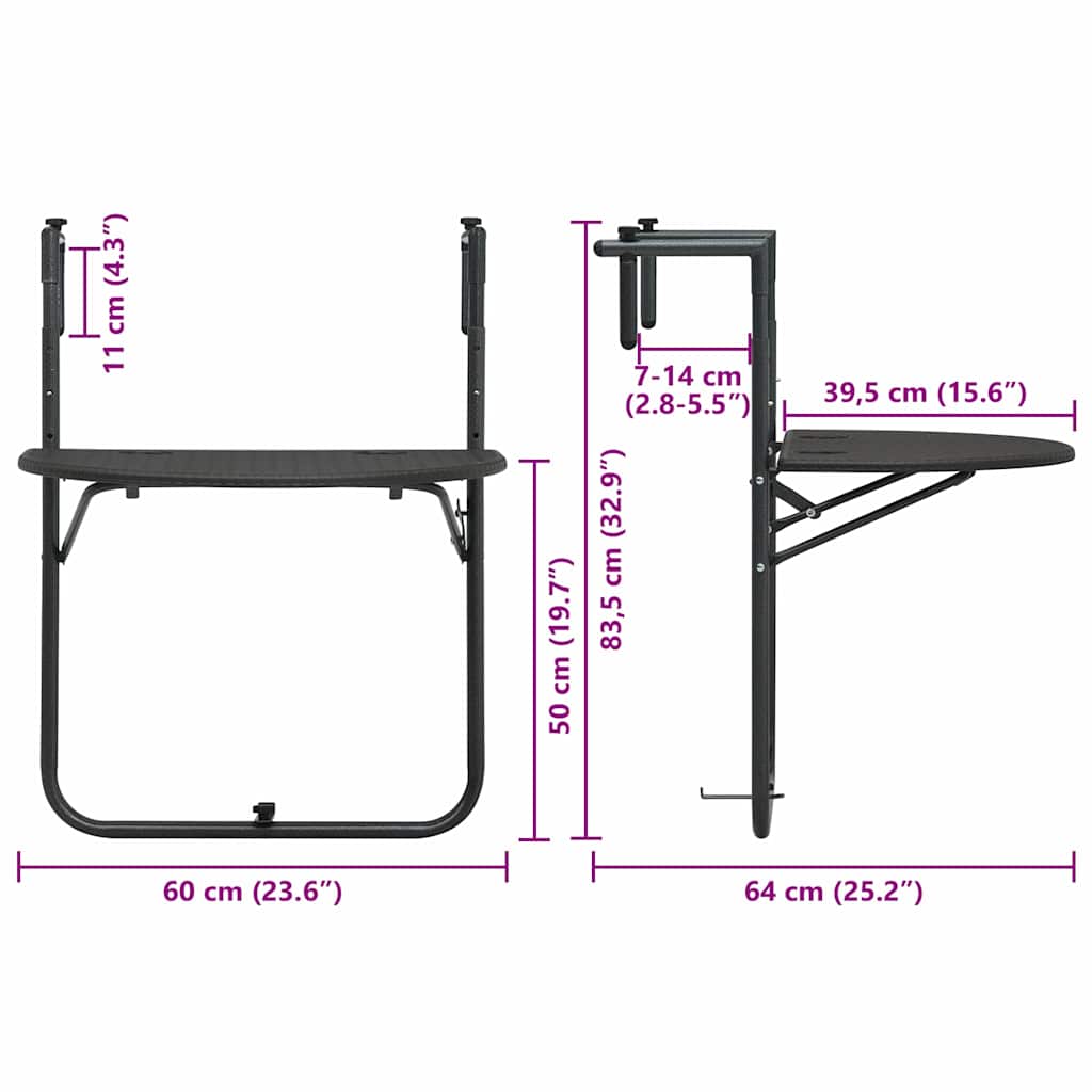 Tavolo da Balcone Pensile Marrone 60x64x83,5cm Plastica Rattan - homemem39