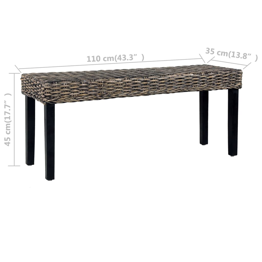 Panca 110 cm Nera in Rattan Naturale Kubu e Massello di Mogano