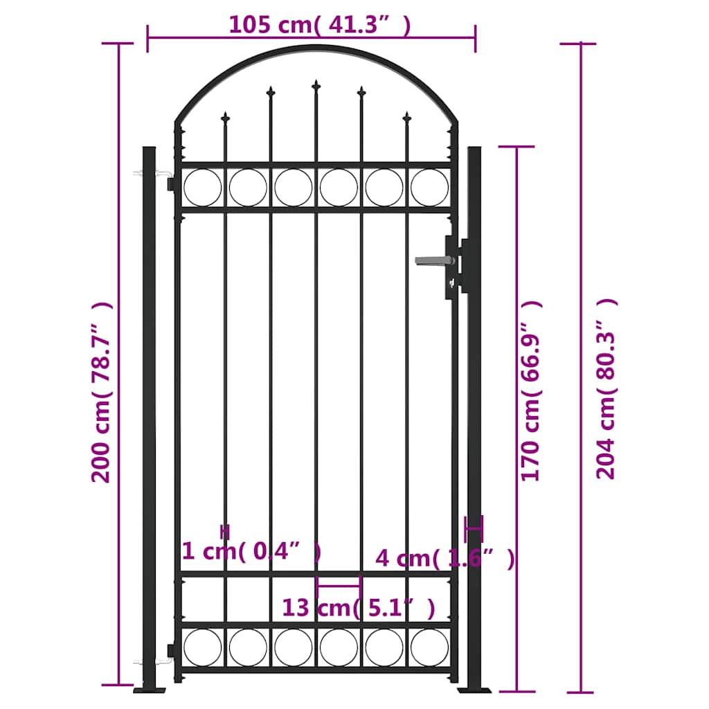Cancello per Recinzione ad Arco con 2 Pali 105x204 cm Nero - homemem39