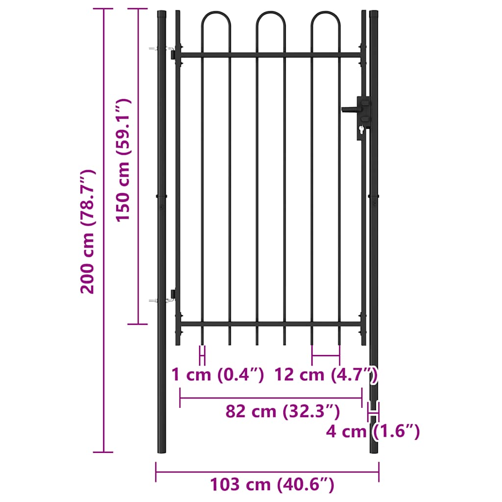 Cancello per recinzione BOXTEL porta singola con parte superiore ad arco in acciaio 1x1,5 m Nero | homemem39
