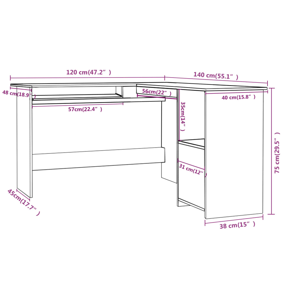 Scrivania Angolare a L Nera 120x140x75cm in Legno Multistrato - homemem39