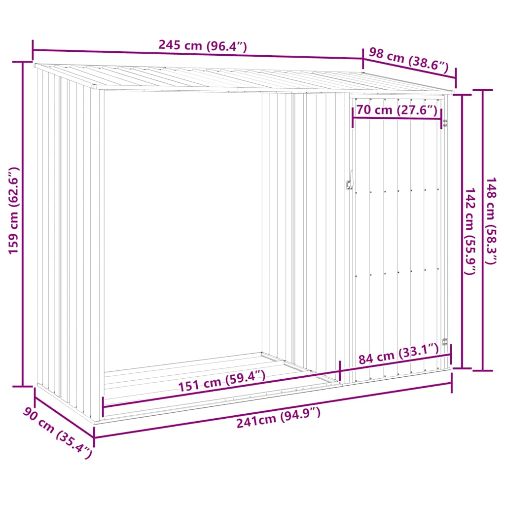 Capanno per Legna Antracite 245x98x159 cm in Acciaio Zincato