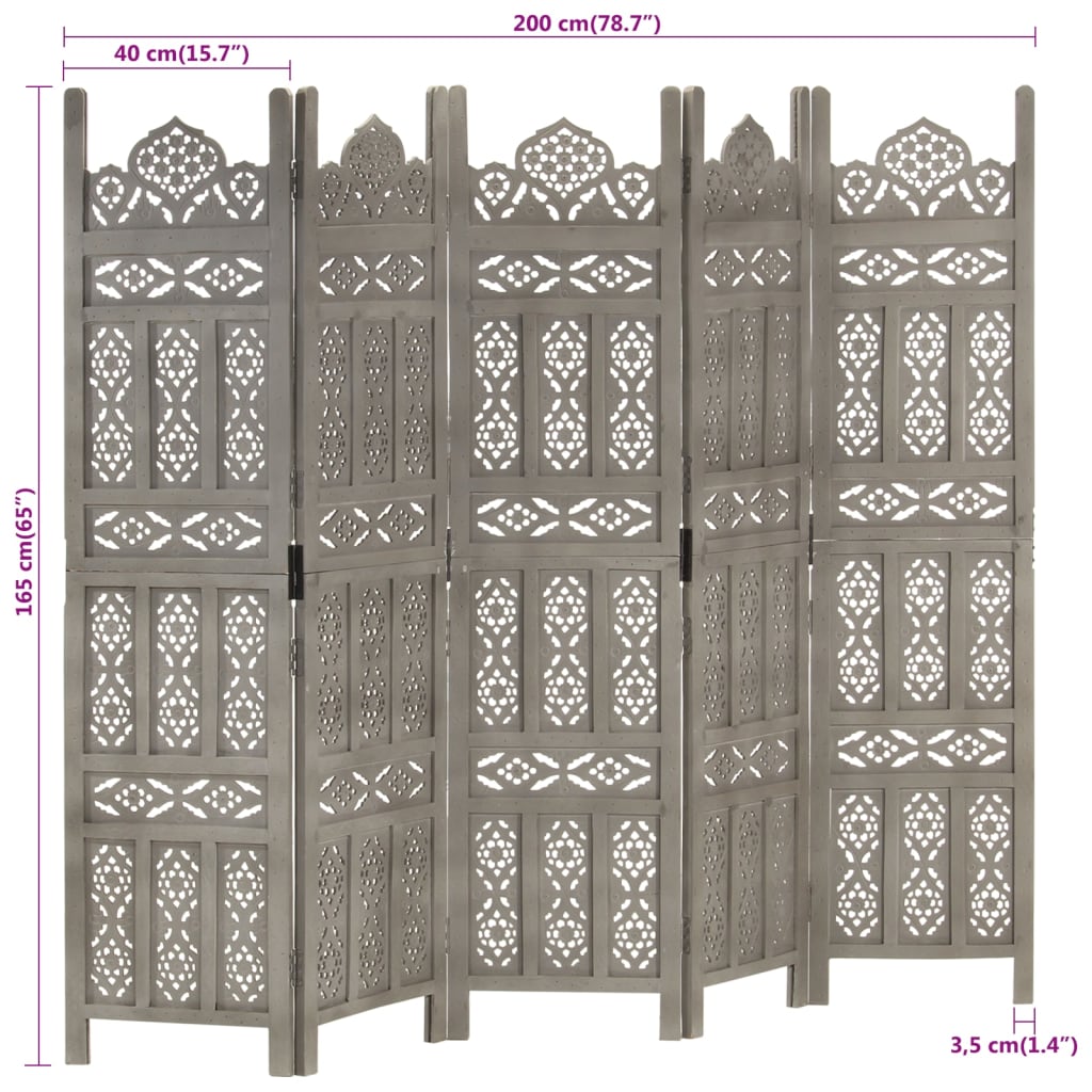 Divisorio 5 Pannelli Intagliato Grigio 200x165cm Mango Massello - homemem39