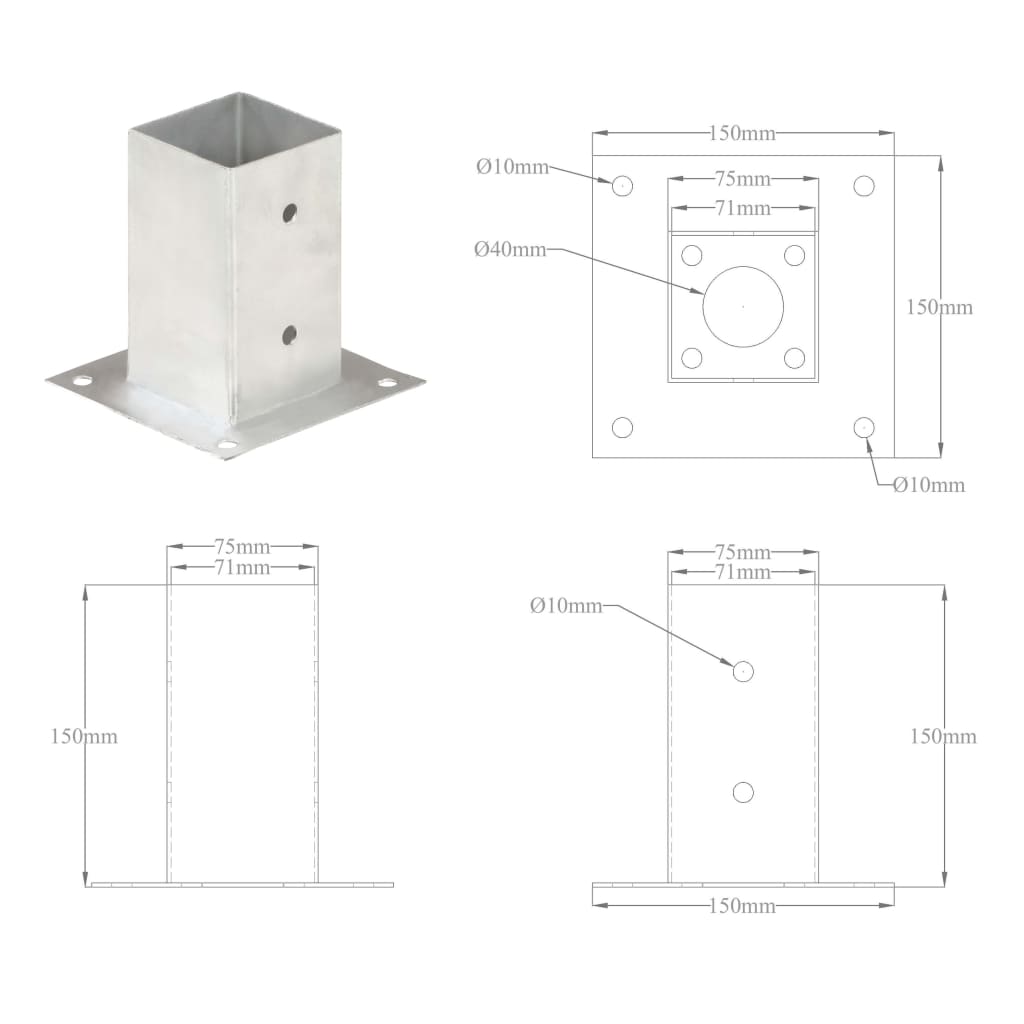 Ancoraggi Pali 4 pz in Metallo Zincato 71 mm | homemem39