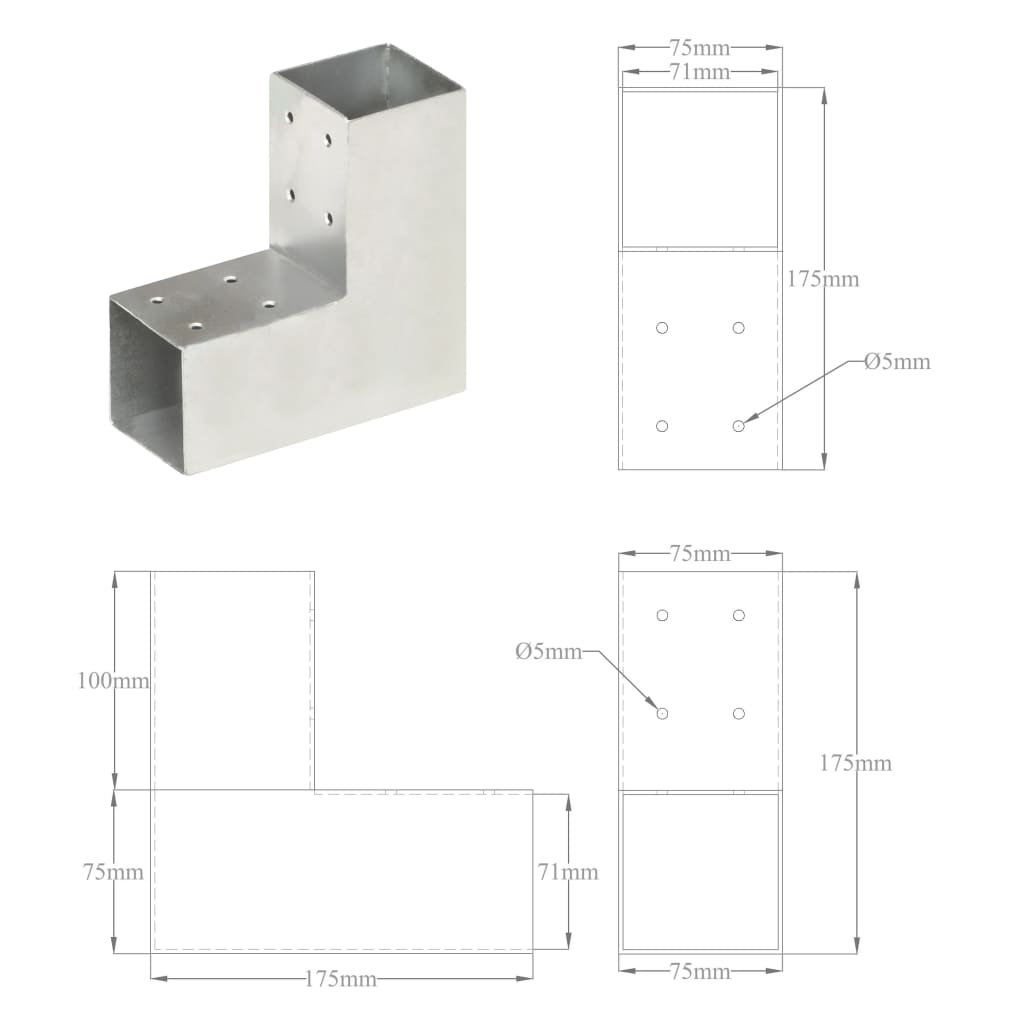 Connettore per Pali a Forma di L in Metallo Zincato 71x71 mm | homemem39