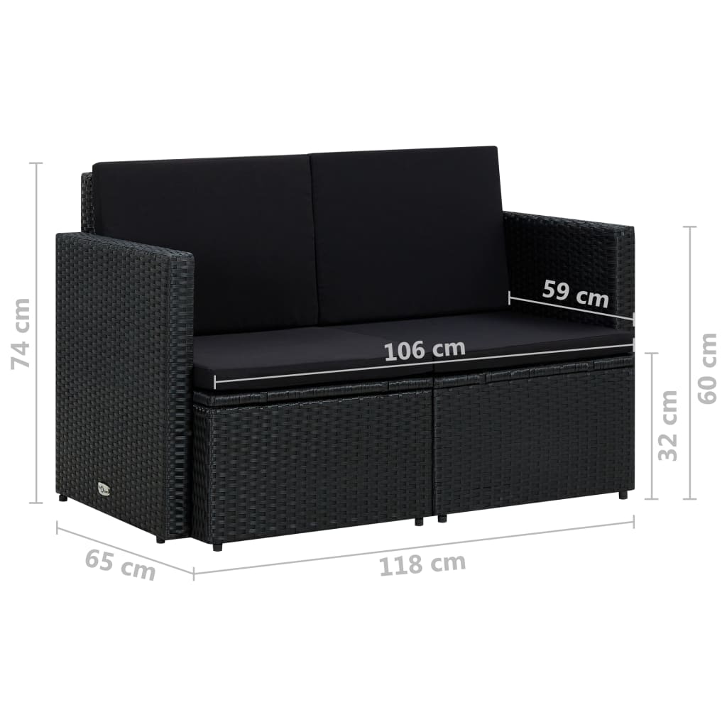 Divano da Giardino a 2 Posti con Cuscini Nero in Polyrattan | homemem39