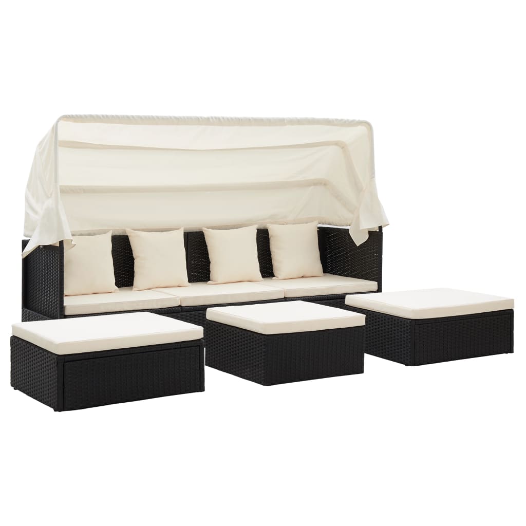 Lettino da Giardino con Tettuccio in Polyrattan Nero - homemem39