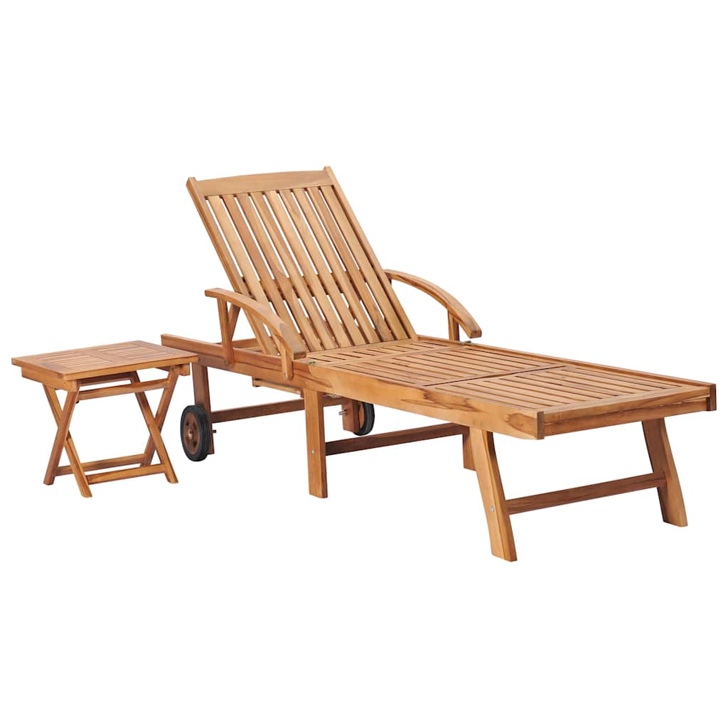 2 pcs Sun Loungers with Solid Teak Wood Table