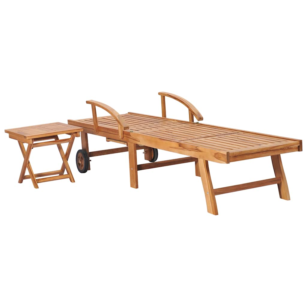 2 pcs Sun Loungers with Solid Teak Wood Table