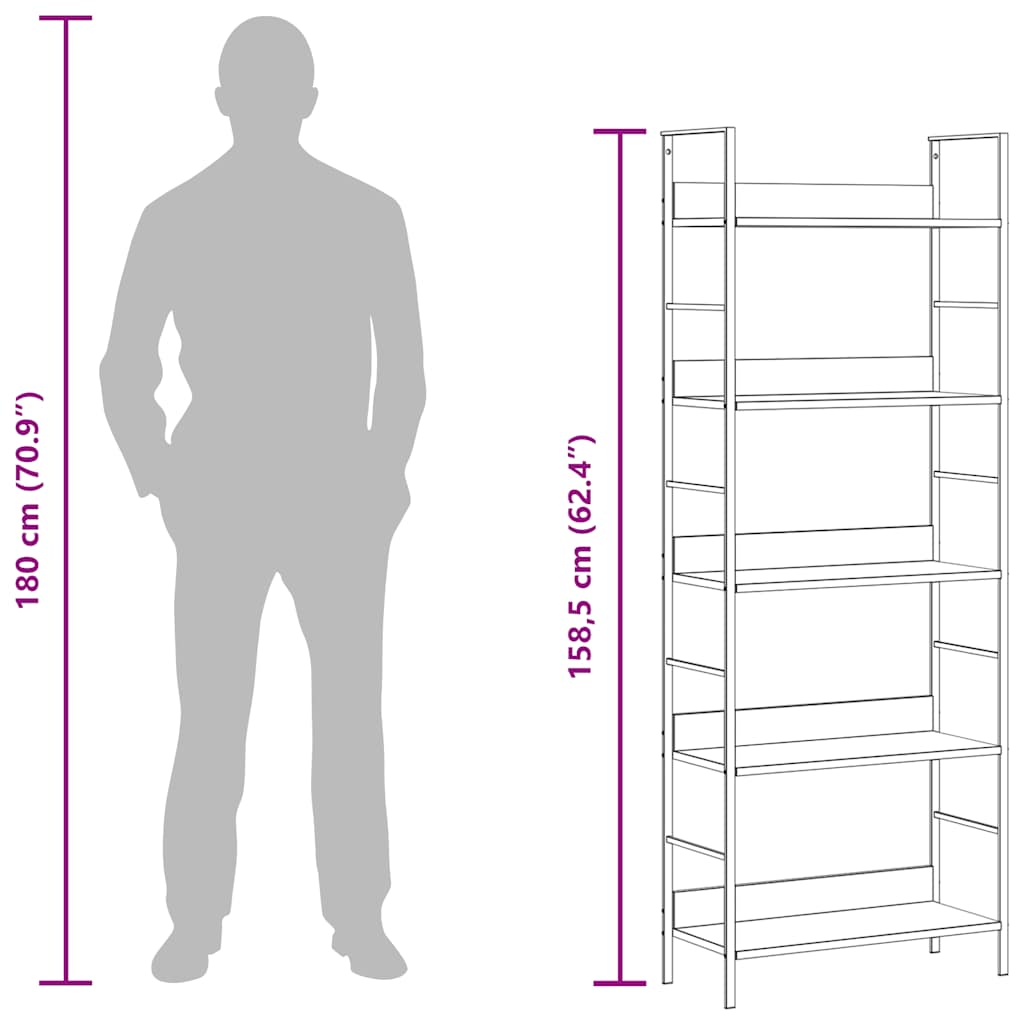 Scaffale Libri 5 Ripiani Nero 60x27,6x128,5cm Legno Multistrato