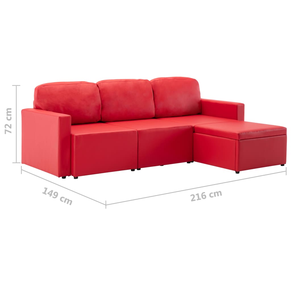 Divano Letto Modulare a 3 Posti Rosso in Similpelle