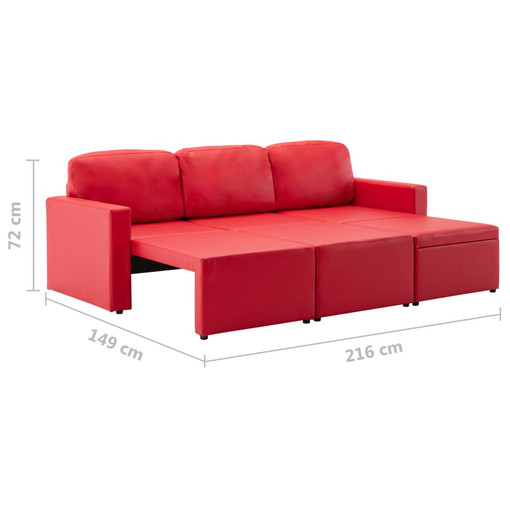 Divano Letto Modulare a 3 Posti Rosso in Similpelle