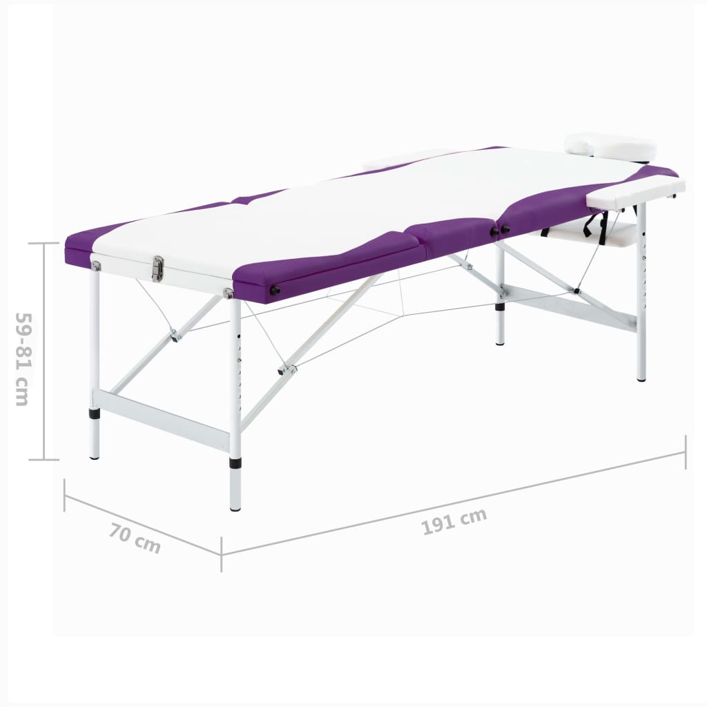 Lettino Massaggio Pieghevole 3 Zone in Alluminio Bianco e Viola - homemem39
