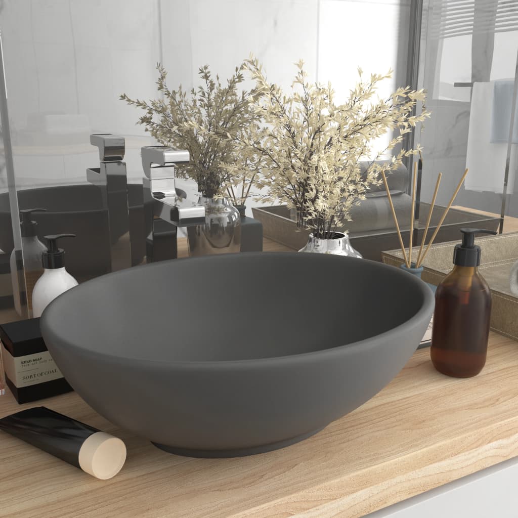 Lavandino Lusso Ovale Grigio Scuro Opaco 40x33 cm in Ceramica - homemem39