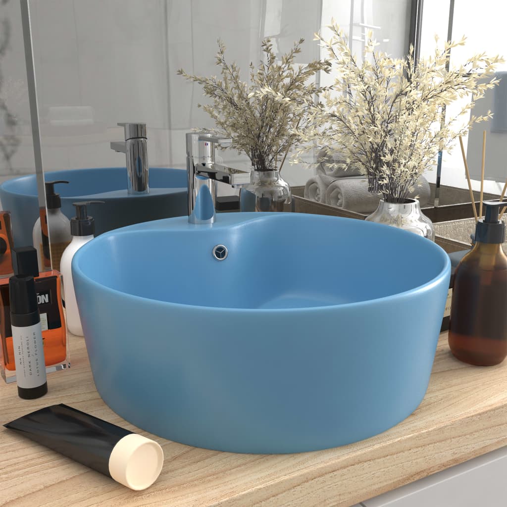 Lavandino con Troppopieno Azzurro Opaco 36x13 cm in Ceramica - homemem39