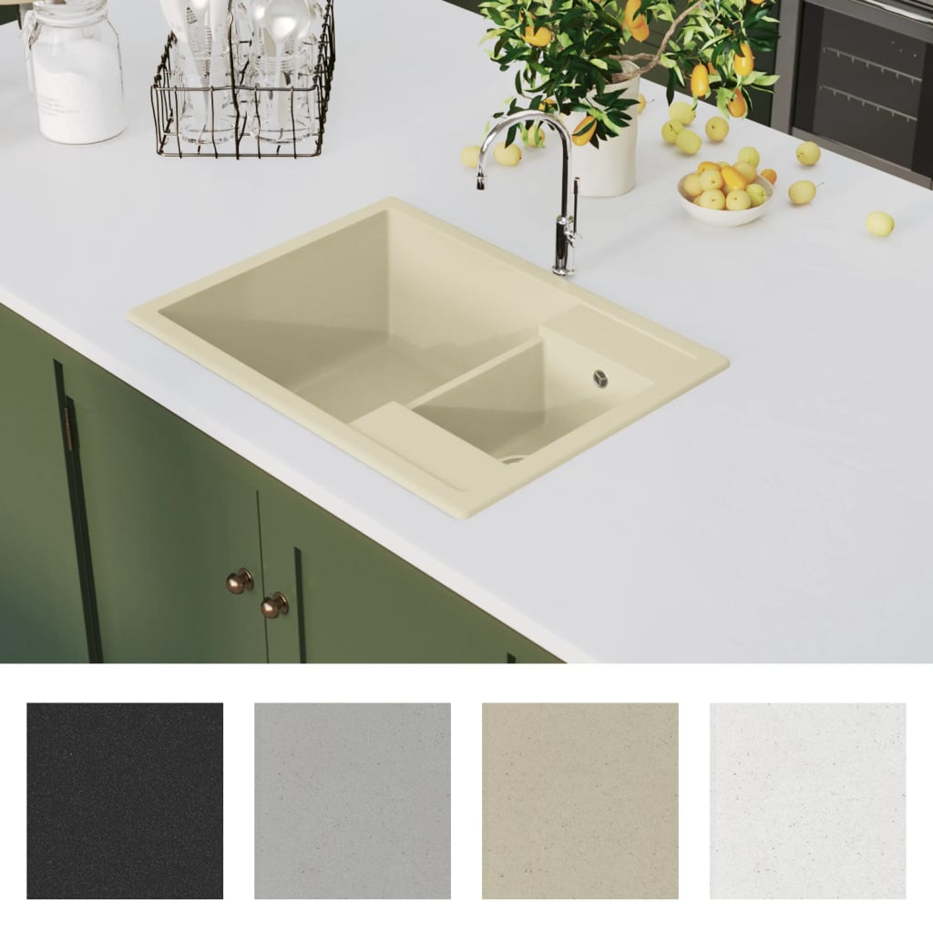 Lavello da Cucina Doppio con Foro Troppopieno Beige in Granito - homemem39