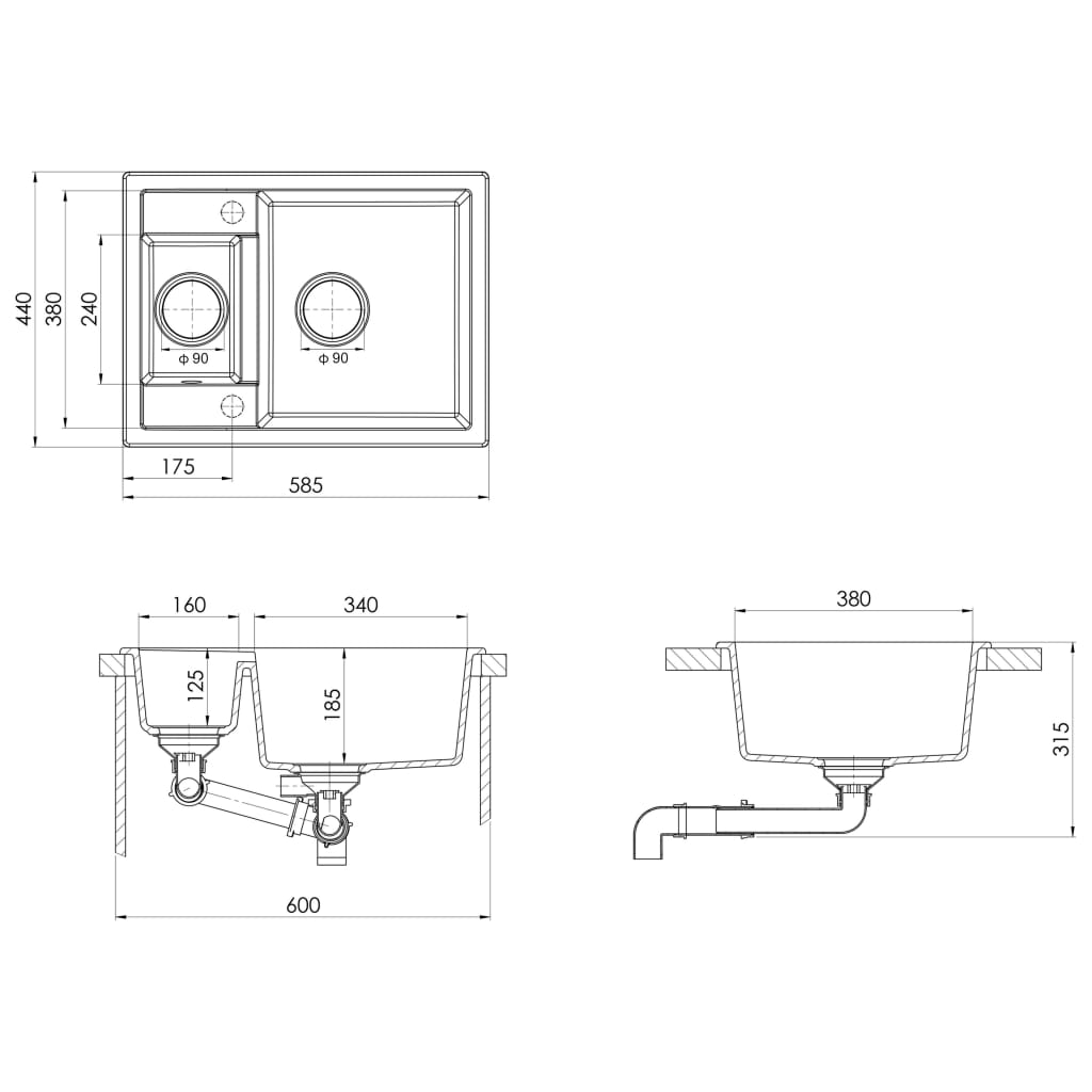 Lavello da Cucina Doppio con Foro Troppopieno Beige in Granito - homemem39
