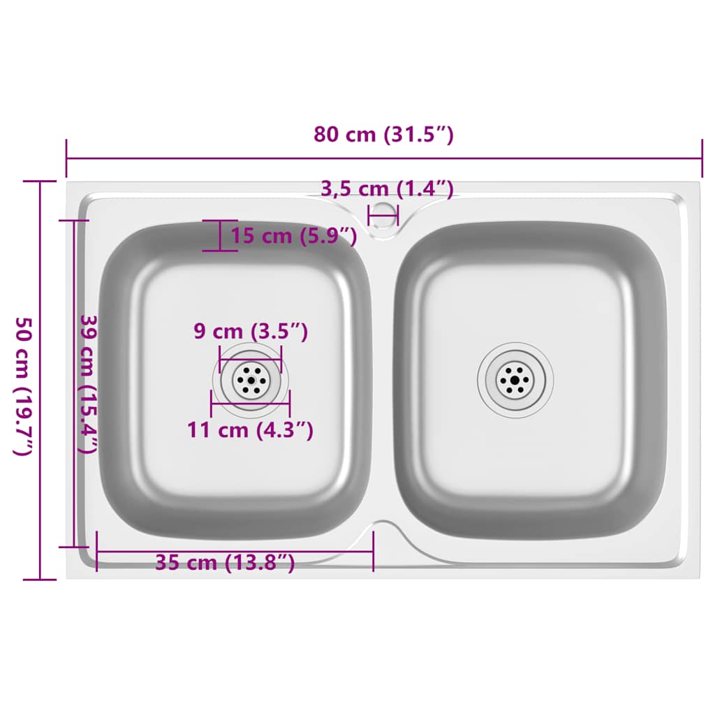 Lavello Cucina Doppia Vasca 800x500x155 mm Argento Acciaio Inox | homemem39