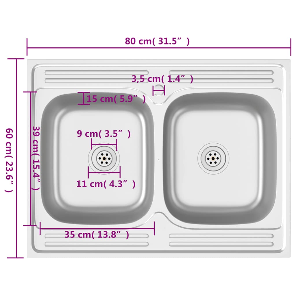 Lavello Cucina Doppia Vasca 800x600x155 mm Argento Acciaio Inox | homemem39