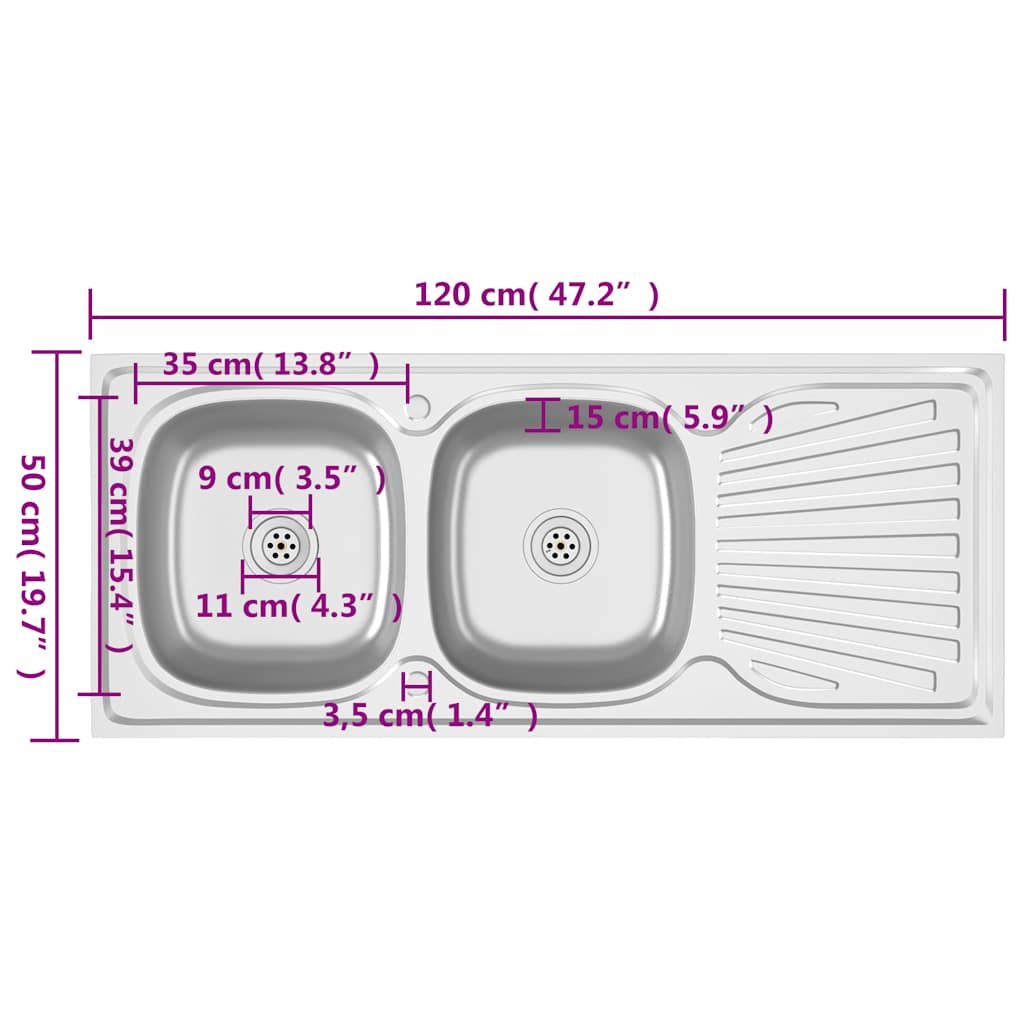 Lavello Cucina Doppia Vasca 1200x500x155mm Argento Acciaio Inox | homemem39