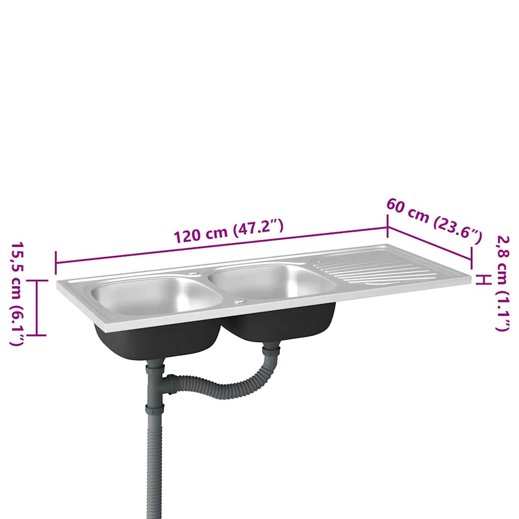 Lavello da Cucina Doppia Vasca Argento 1200x600x155 mm Acciaio | homemem39