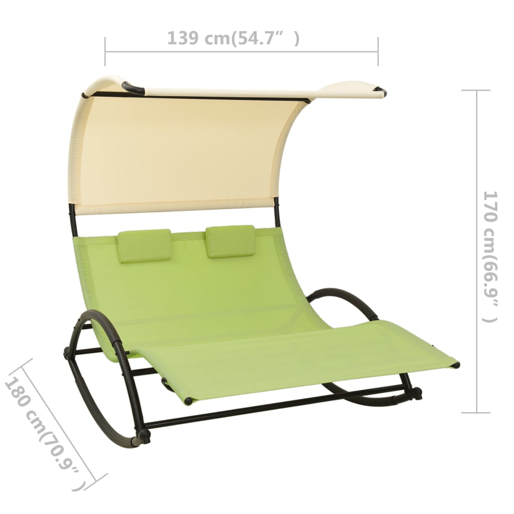 Lettino Prendisole Doppio Tetto in Textilene Verde e Crema - homemem39