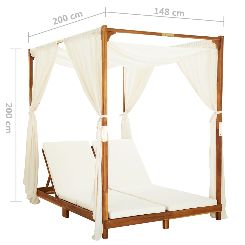 Lettino Prendisole Doppio con Tende e Cuscini in Legno Acacia | homemem39