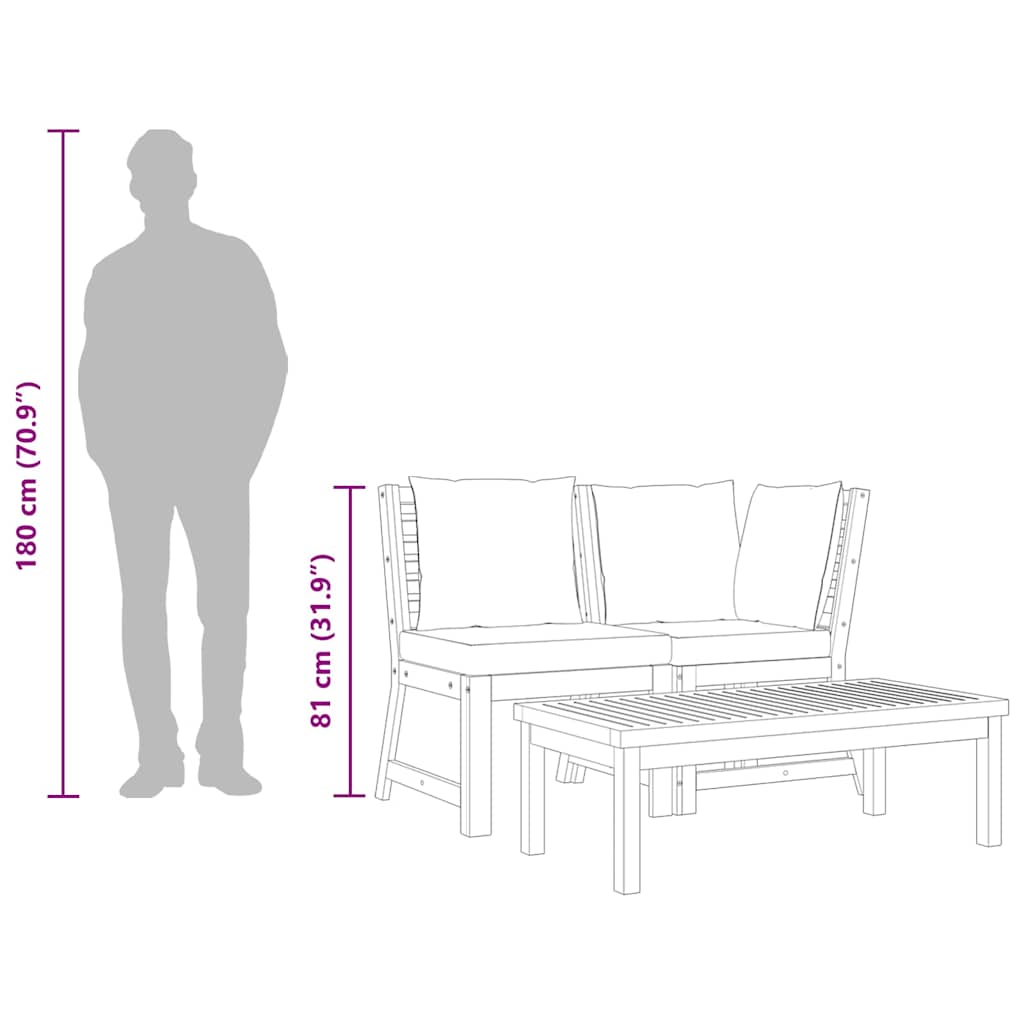 Set Divani da Giardino 3 pz con Cuscini Crema in Legno Acacia - homemem39