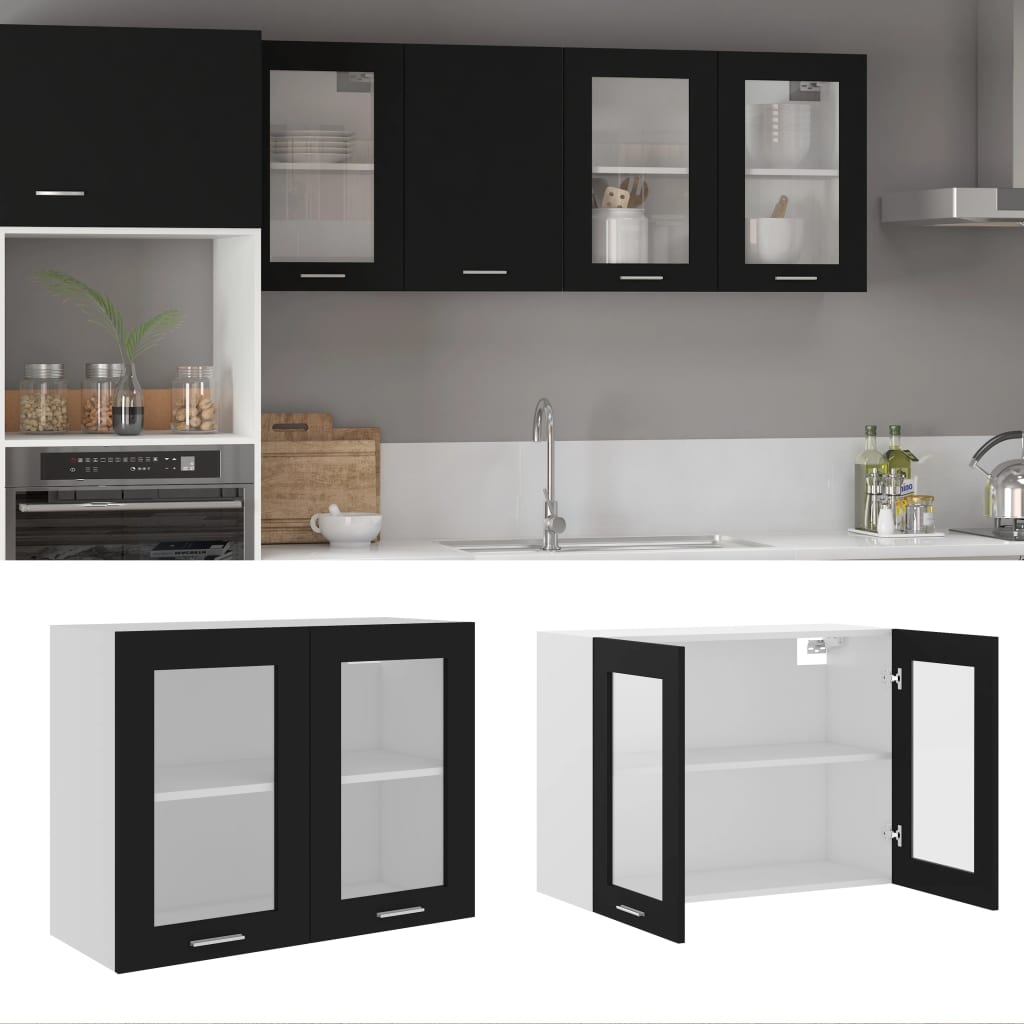 Mobile Pensile con Vetro “Lyon” Nero 80x31x60 cm - homemem39