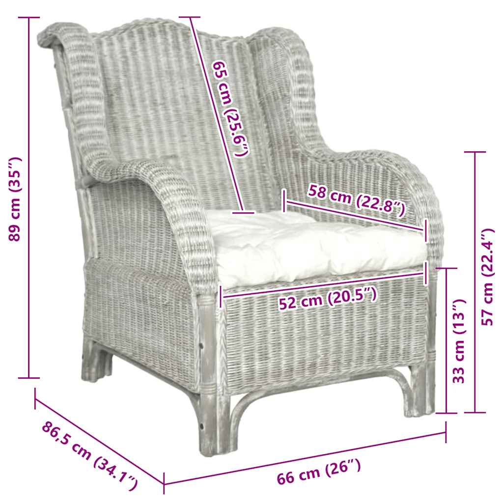 Poltrona con Cuscino Grigio in Rattan Naturale e Lino | homemem39
