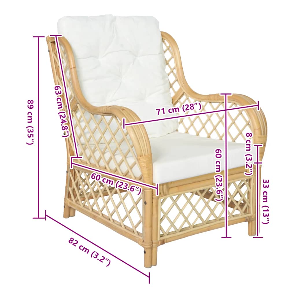 Poltrona con Cuscino in Rattan Naturale e Lino