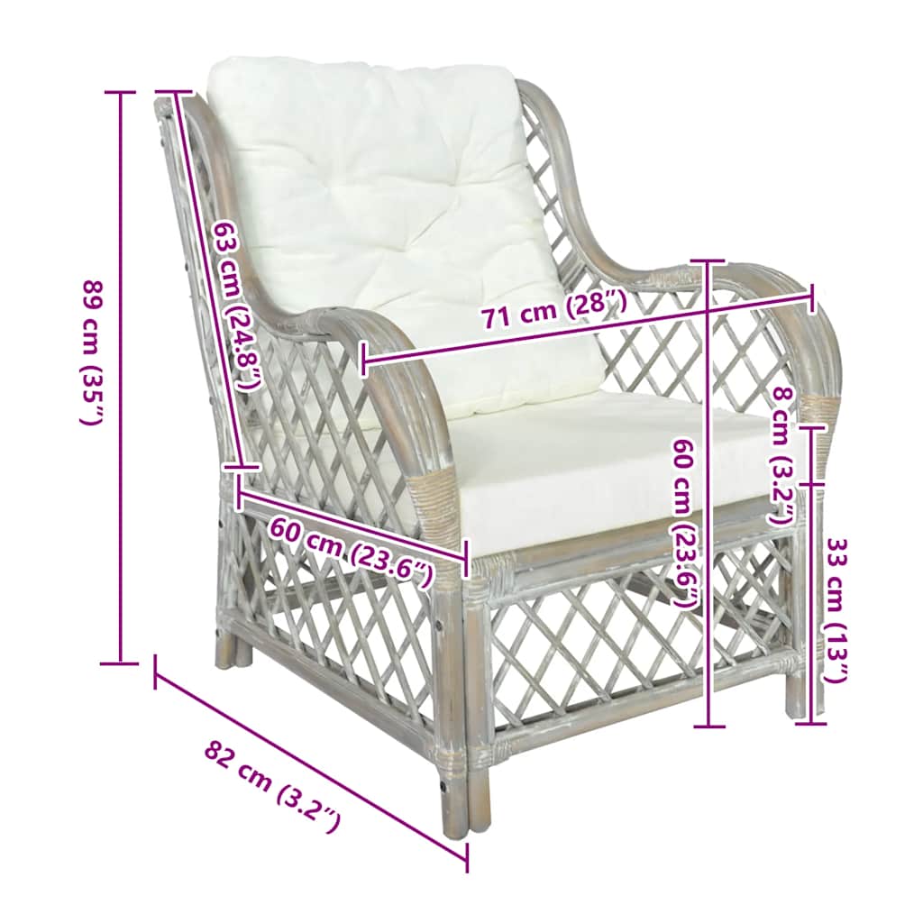 Poltrona con Cuscino Grigio in Rattan Naturale e Lino