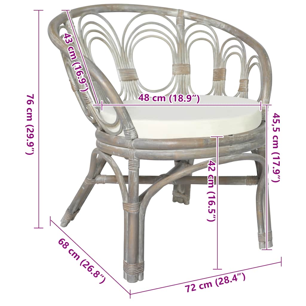 Sedia da Pranzo con Cuscino Grigio in Rattan Naturale e Lino | homemem39