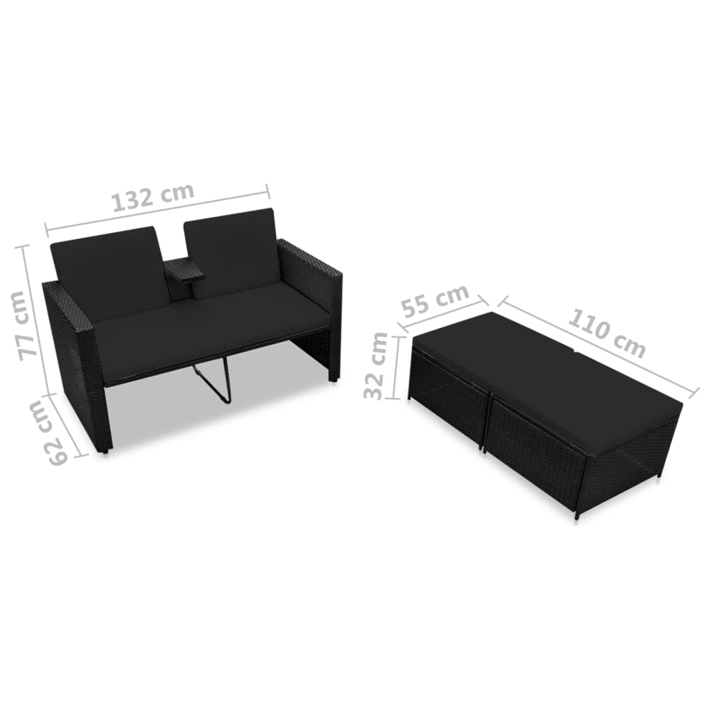 Set Divani da Giardino 3 pz con Cuscini in Polyrattan Nero | homemem39