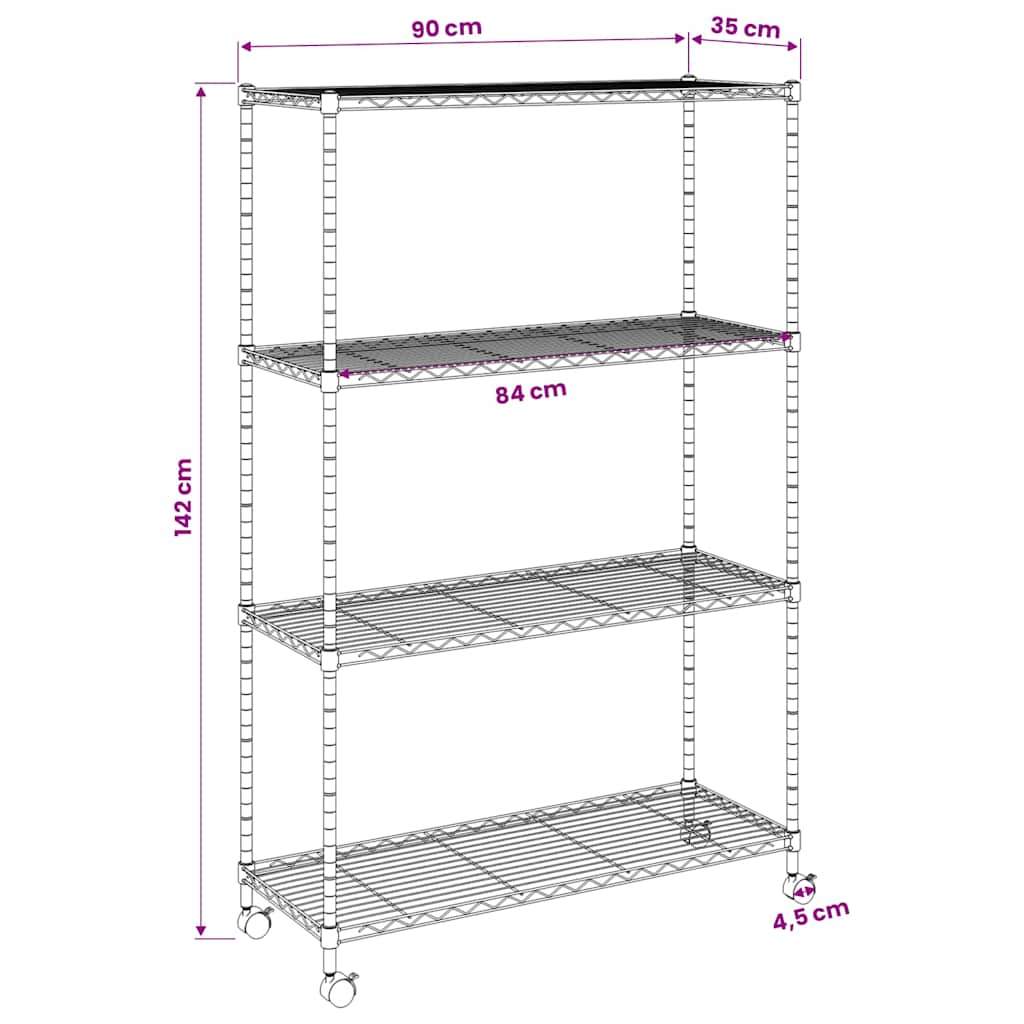 Scaffale a 4 Livelli con Ruote 90x35x142 cm Cromato 200 kg | homemem39