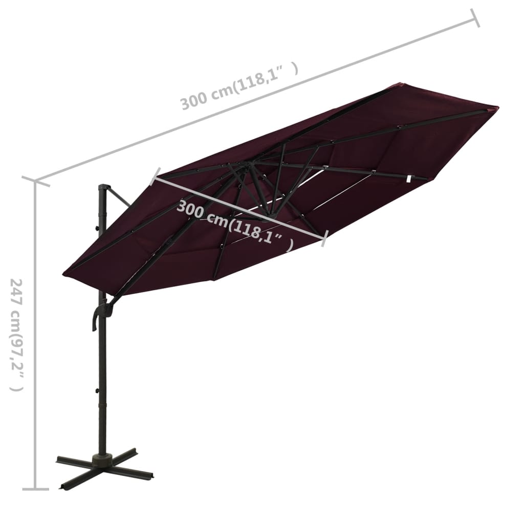 Ombrellone a Sbalzo 4 Livelli Palo in Alluminio 3x3 m Bordeaux - homemem39