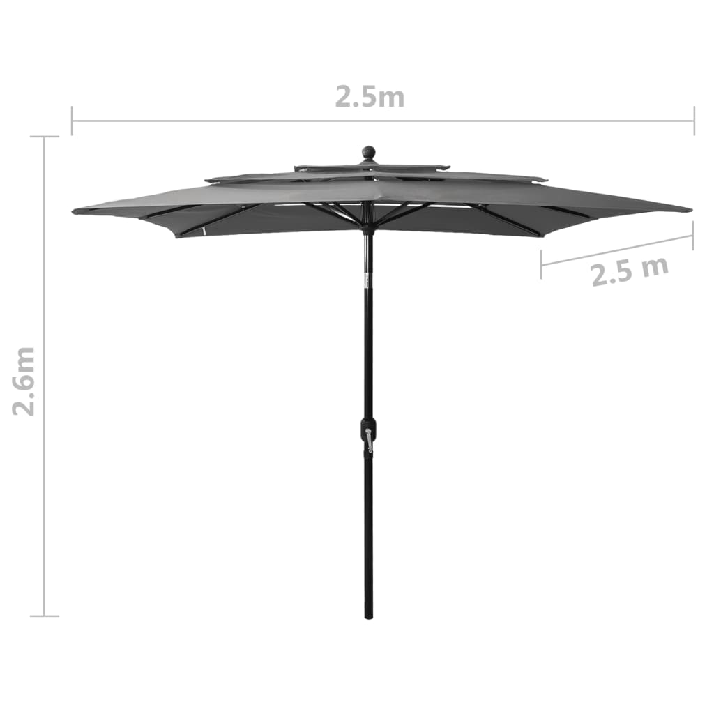 Ombrellone a 3 Livelli con Palo in Alluminio Antracite 2,5x2,5m - homemem39