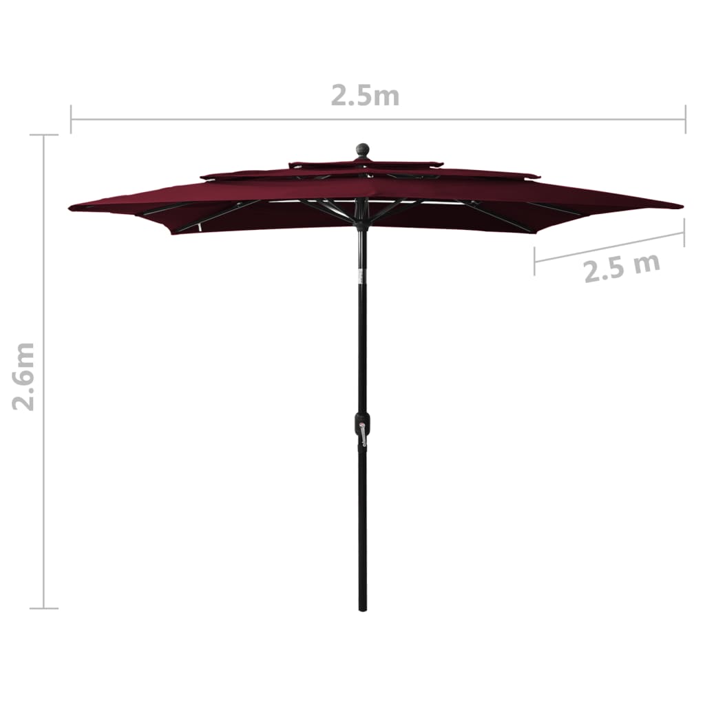Ombrellone a 3 Livelli con Palo in Alluminio Rosso Bordò 3 m - homemem39