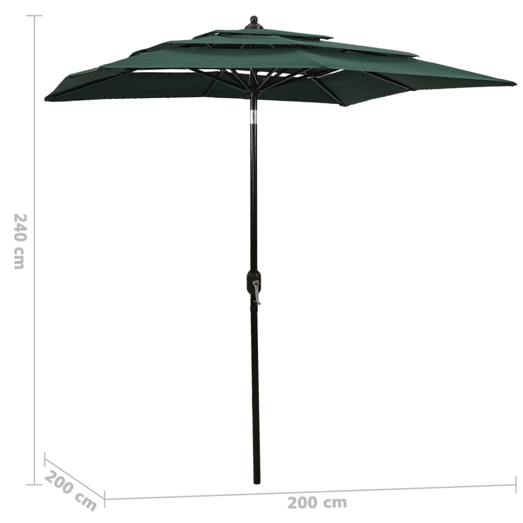 Ombrellone a 3 Livelli con Palo in Alluminio Verde 2x2 m - homemem39
