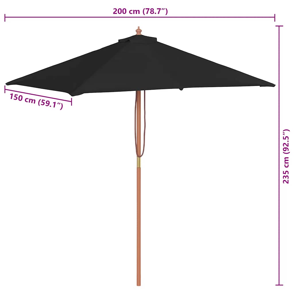 Ombrellone da Giardino con Palo in Legno 150x200 cm Nero