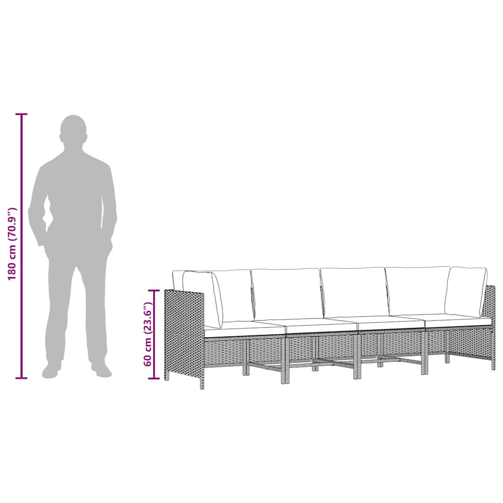 Divano da Giardino a 4 Posti con Cuscini Nero in Polyrattan