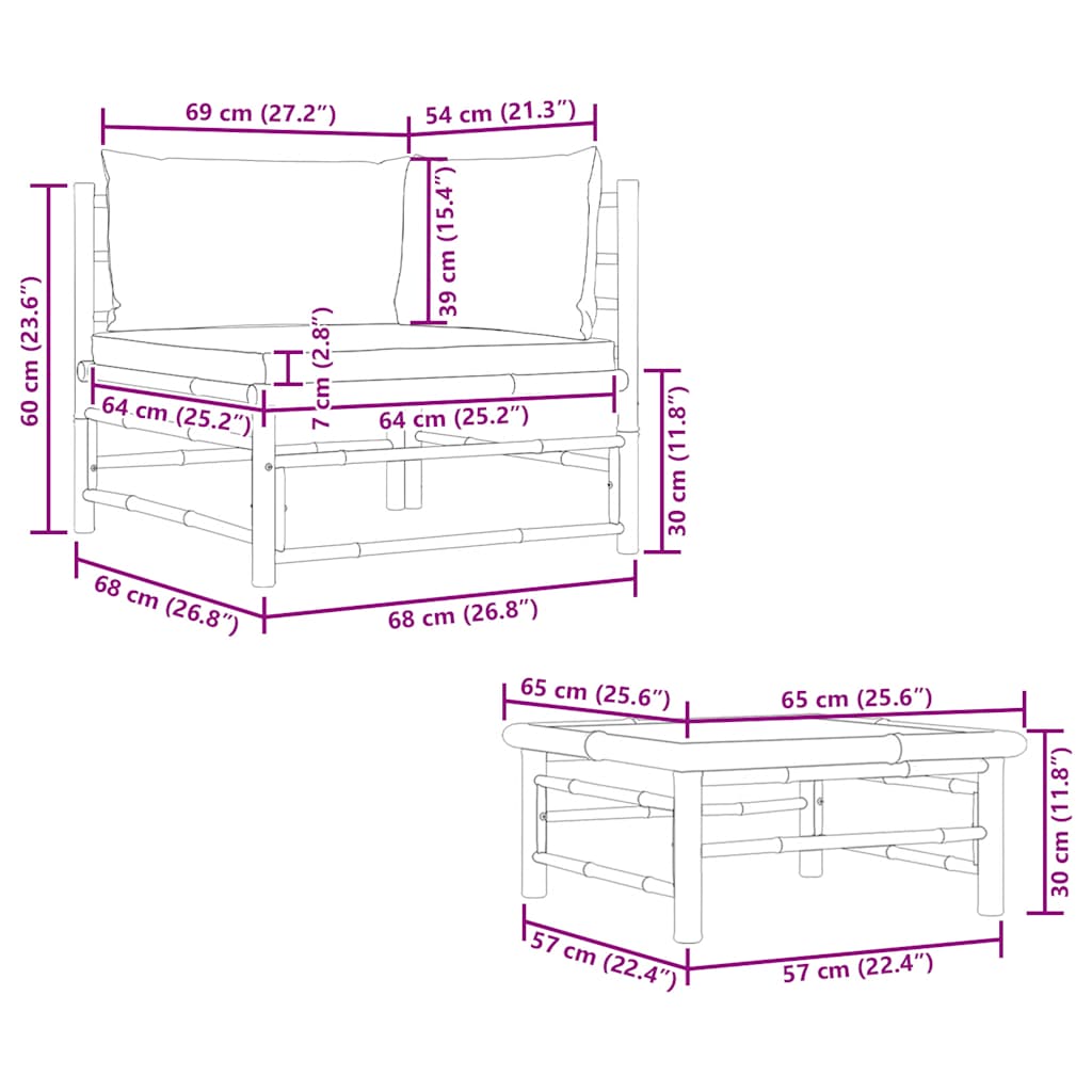 Set Divani da Giardino 2 pz con Cuscini Grigio Scuro in Bambù