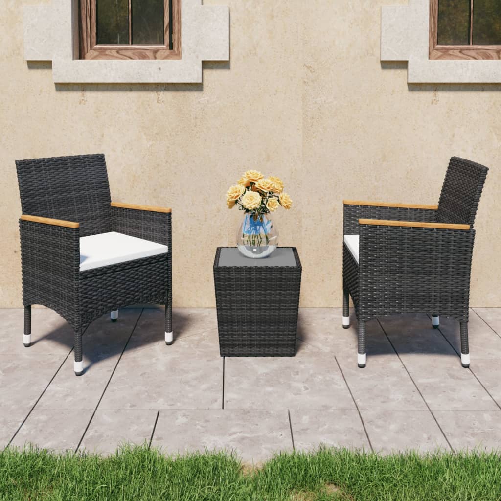 3-piece Garden Bistro Set in Polyrattan and Black Glass