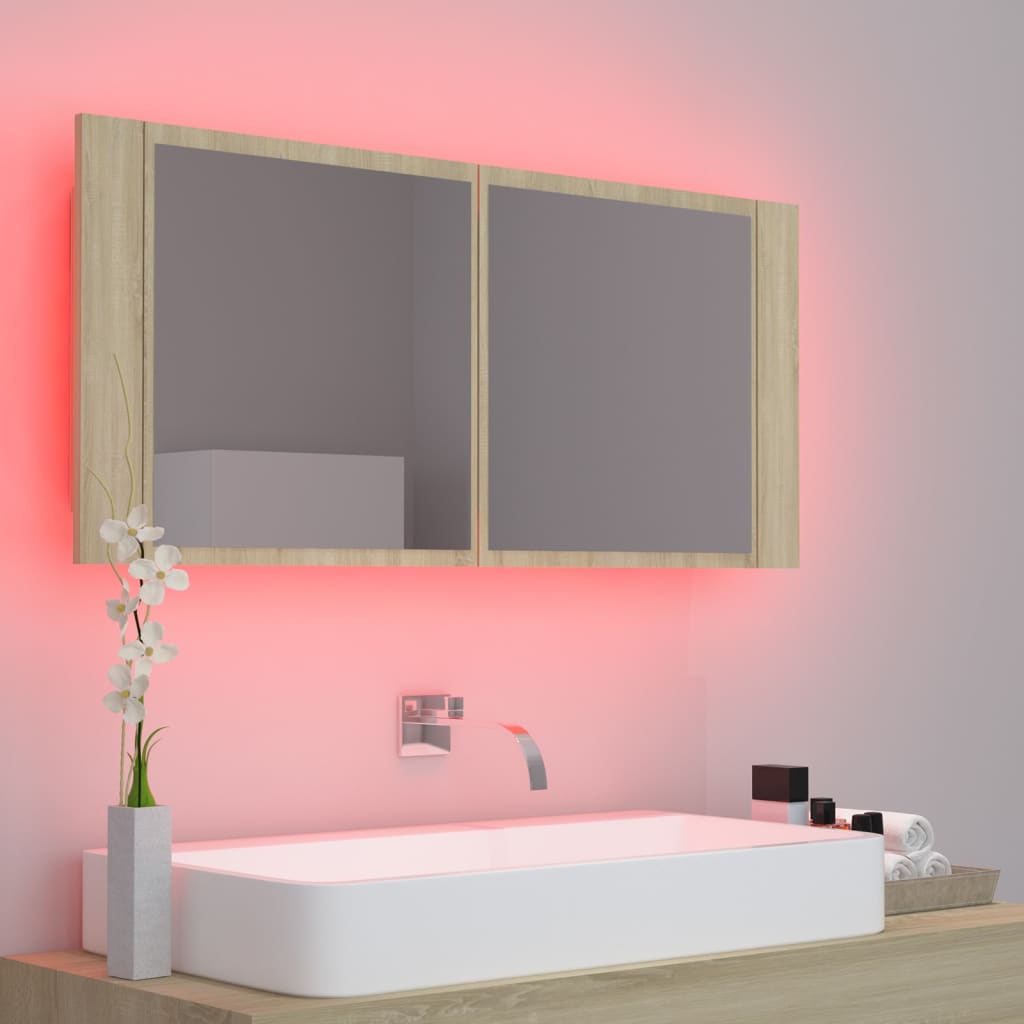 Armadietto a Specchio con Luci LED Rovere Sonoma in Acrilico | homemem39